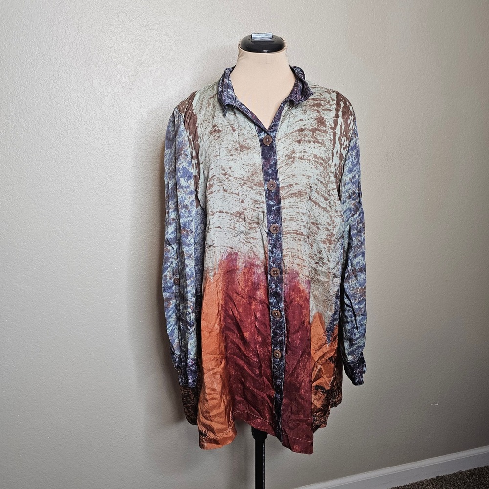 John Mark Large‎ Abstract Tie Dye Print Tunic Roll Tab Sleeve Viscose Shirt Rust